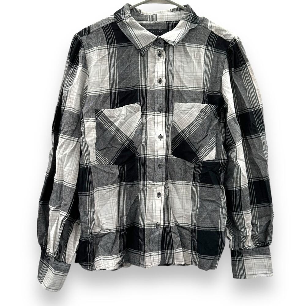 Sanctuary Leading Lady Black & White Plaid Long Sleeve Button Down Shirt Sz XL